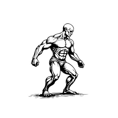Detailed black and white illustration of a muscular man showcasing impressive physique and anatomical detail. Ideal for fitness, health, or design related projects.のイラスト素材