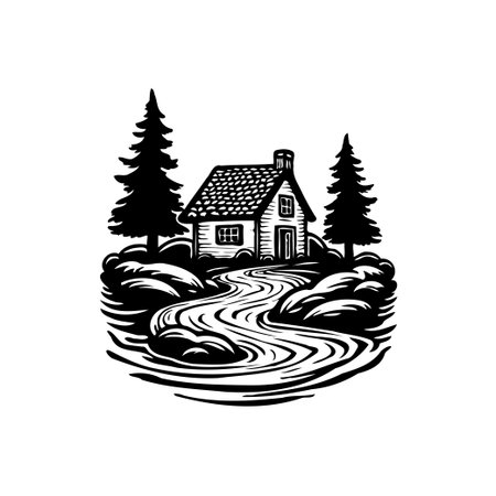 A charming monochrome illustration depicts a cozy cabin nestled beside a flowing river, embraced by lush trees, evoking a sense of serene escape into nature's embrace.のイラスト素材