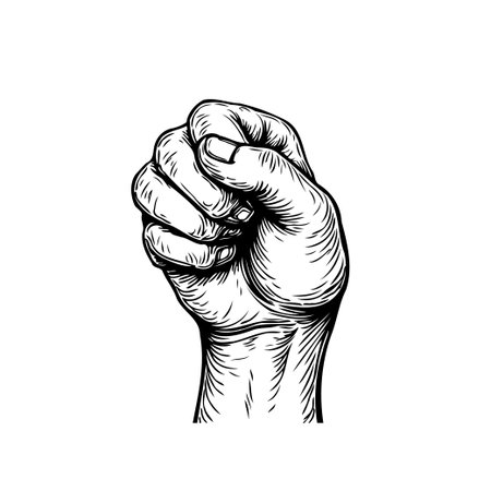 A powerful black and white graphic of a clenched fist raised high, symbolizing strength, solidarity, and resistance. Perfect for conveying messages of empowerment and social change.のイラスト素材