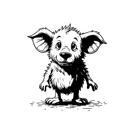 A charming cartoon illustration of a cute, furry creature with expressive eyes and a friendly smile. This black and white vector art is perfect for various design projects.のイラスト素材