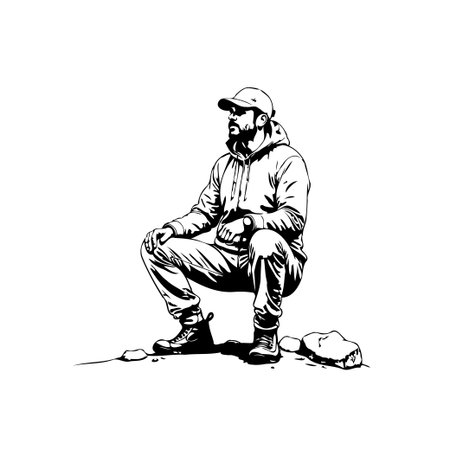 A monochromatic illustration portrays a man in a hoodie and cap squatting on a rock. His gaze is fixed, conveying a contemplative and strong presence in an outdoor setting.のイラスト素材