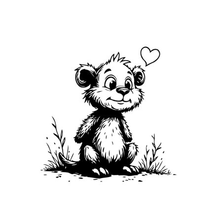 A sweet black and white cartoon illustration of a cute bear with a heart above its head, evoking feelings of love and happiness.のイラスト素材