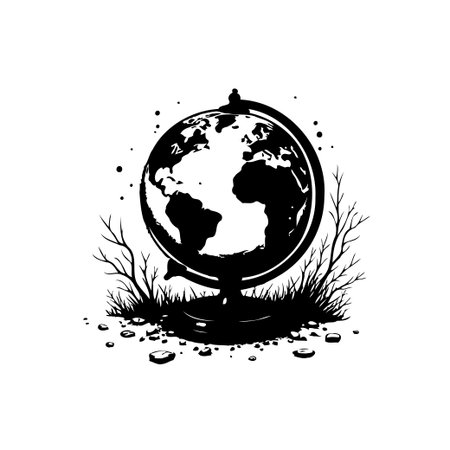 Monochrome illustration of a globe set on a stand surrounded by nature. The artwork features a blend of geographical accuracy and artistic representation.のイラスト素材