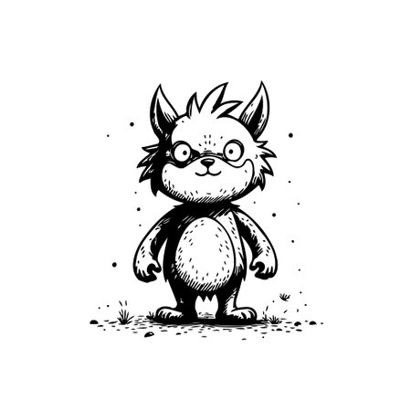 Charming cartoon wolf character illustration. This whimsical black and white image is perfect for adding a touch of playful fun to any project. Isolated and highly detailed.のイラスト素材