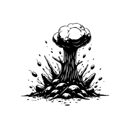 A stark, black and white depiction of a mushroom cloud, rising powerfully amidst a landscape of scattered rocks. The image conveys a sense of danger and impending destruction.のイラスト素材