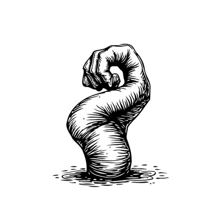 A powerful hand emerges from the water, symbolizing struggle, resilience, and hope. This image represents overcoming challenges and the strength to persevere.のイラスト素材