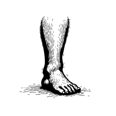 A detailed black and white woodcut illustration of a human foot and leg, showcasing anatomical detail and artistic style. Ideal for medical, educational, or artistic projects.のイラスト素材