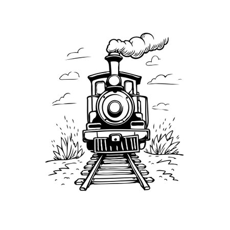 A hand-drawn illustration of a vintage steam train, showcasing its classic design and evoking a...
