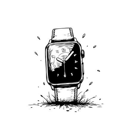 A black and white illustration of a smartwatch, featuring a sleek design and various stylized effects, showcasing modern wearable technology.のイラスト素材