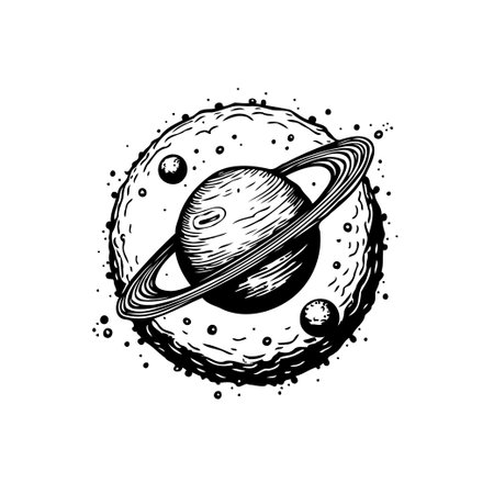 A black and white illustration depicts Saturn with its iconic rings, set against a backdrop of other celestial bodies. The drawing evokes a sense of wonder and cosmic exploration.のイラスト素材