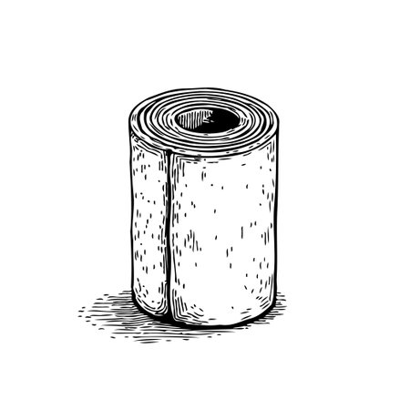 Detailed hand-drawn illustration of a toilet paper roll, isolated on a white background. This image is perfect for representing hygiene, sanitation, or household supplies.のイラスト素材