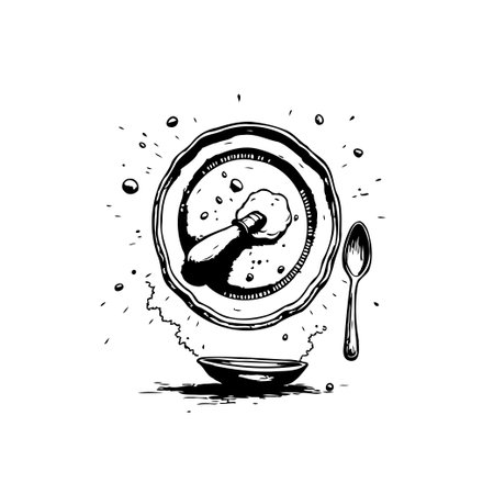 A monochrome breakfast illustration featuring a pancake on a plate melting butter, accompanied by a spoon. A bowl underneath adds to the composition, capturing a simple and appealing culinary scene.のイラスト素材