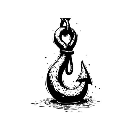 Detailed black and white drawing of a vintage fishing hook. Ideal for adding a nautical or rustic...