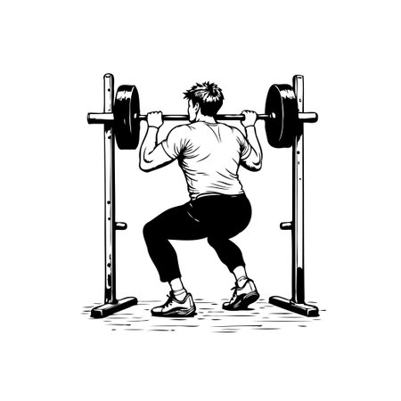 A black and white vector illustration of a man performing a barbell squat. Great for fitness and sports related content.のイラスト素材