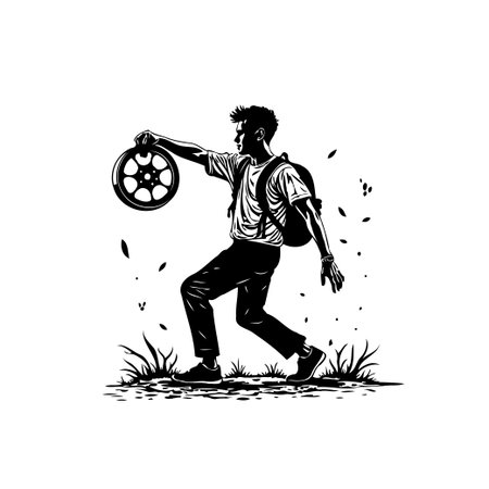 A silhouette of a wanderer with a backpack explores possibilities while holding a wheel, symbolizing newfound understanding and cycles, inviting introspection and a path forward.のイラスト素材