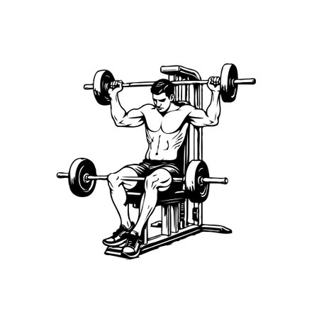 Illustration of a muscular man performing incline bench press exercise. This image showcases fitness, strength, and the determination required for weightlifting.のイラスト素材
