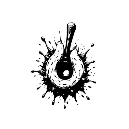 Vintage illustration of horseshoe with mallet surrounded by black ink splash. Representing luck, equestrian sport, or blacksmithing traditions. This artwork presents a retro charm.のイラスト素材