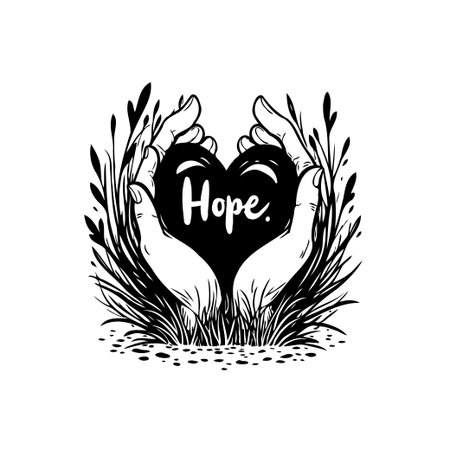 This monochrome illustration depicts hands gently cradling a heart shape, with the word 'Hope' written inside. It conveys a message of support, love, and the nurturing of wellness and future.のイラスト素材