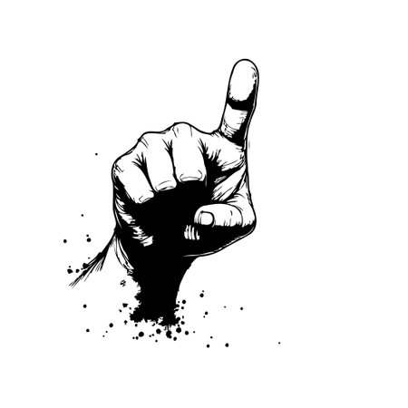 Black and white illustration of a hand pointing upwards with a grunge effect, suitable for presentations, designs, and graphics.のイラスト素材