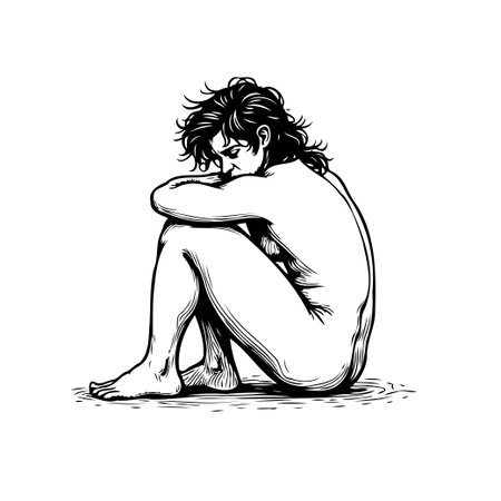 A black and white sketch of a nude figure seated in a contemplative posture, expressing introspection and vulnerability, artwork and shadowsのイラスト素材