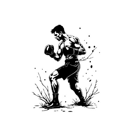 A powerful black and white illustration of a boxer in action, embodying strength and determination. The dynamic pose and contrasting design highlight the intensity of the sport.のイラスト素材