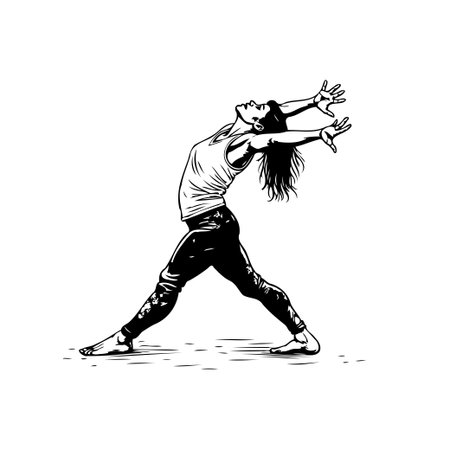 A striking monochrome illustration shows a woman in a warrior pose, epitomizing strength and flexibility through expressive linework, it captures yoga's essence, highlighting vitality and mindful wellbeing.のイラスト素材