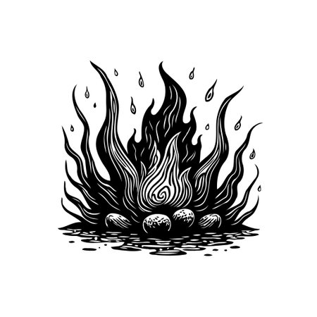 A stylized monochromatic illustration of a bonfire. It features dynamic flames and scattered droplets, conveying warmth, danger, and primitive charm in a vintage style.のイラスト素材