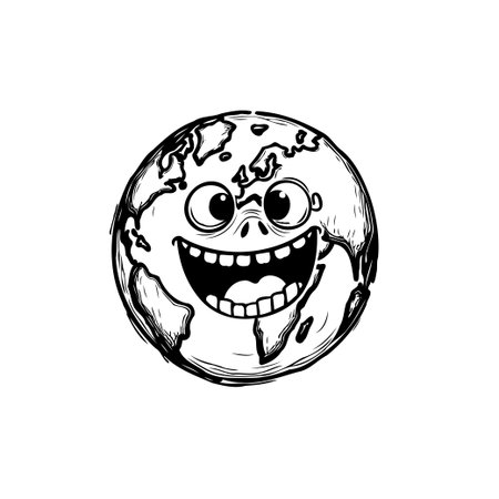 A black and white illustration shows a cartoon-style Earth with a smiling face. It's a fun, lighthearted image that promotes positivity and could be used in environmental awareness campaigns.のイラスト素材
