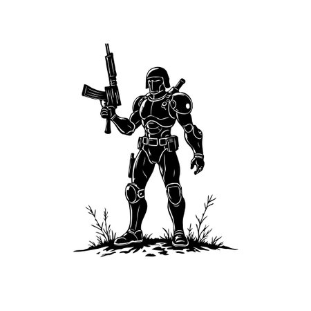 Illustration of a futuristic soldier character standing tall, holding weapon, and ready for battle. This digital art showcase his power and the advanced technology armor.のイラスト素材
