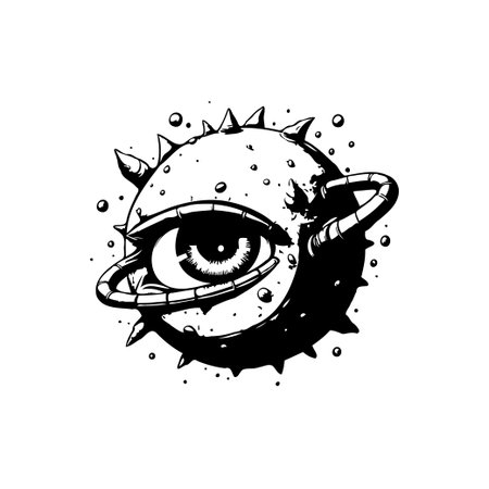 A black and white illustration featuring an eye planet with spikes and cosmic rings. This whimsical design evokes a sense of fantasy and surrealism, perfect for artistic projects.のイラスト素材