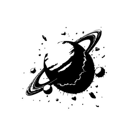 Abstract monochromatic artwork of a planet with rings and celestial debris.  This digital illustration conveys cosmic wonder and artistic creativity.のイラスト素材