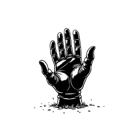 A striking black and white illustration depicts a hand emerging from the earth. This image conveys themes of desperation, rescue, or the supernatural with its graphic design.のイラスト素材