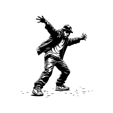 This striking black and white illustration captures the dynamic energy of a hip hop dancer in motion. The bold lines and strong contrast emphasize the rhythm and passion of street danceのイラスト素材