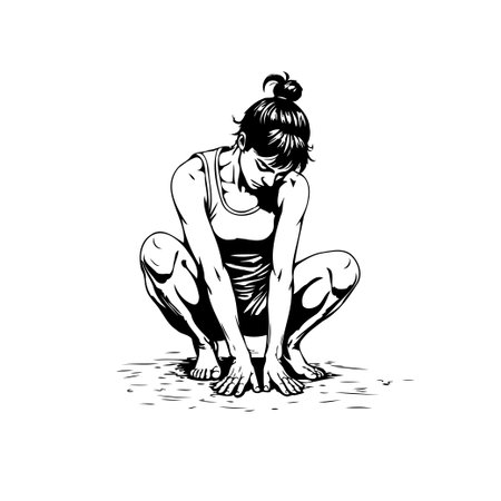 Monochrome illustration features a woman in a squatting position with her hands placed on the ground, displaying introspection and contemplation in isolation.のイラスト素材