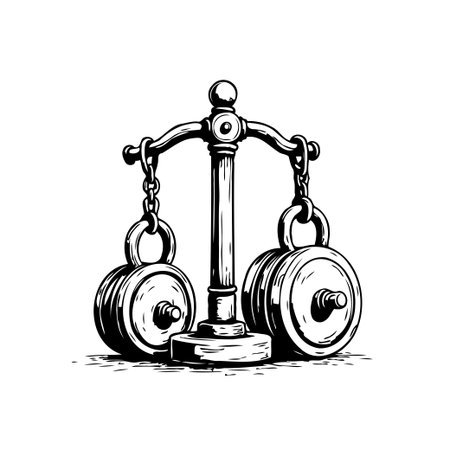A vintage illustration of a balance scale with weights, representing law, justice, equality, and fairness. This symbolizes the importance of equilibrium, honesty, and ethical judgment.のイラスト素材