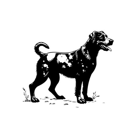 Detailed black and white vintage illustration of a dog standing proudly. The image portrays the essence of companionship between humans and animals. Ideal for pet-related themes.のイラスト素材