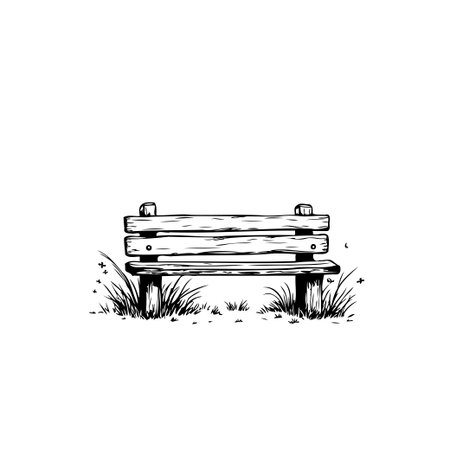A simple black and white sketch of a park bench surrounded by grass and tiny flowers, evoking a sense of peaceful solitude.のイラスト素材