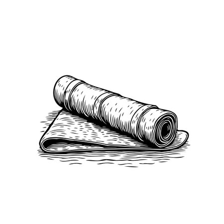A detailed black and white drawing showcasing a rolled yoga mat, symbolizing fitness, relaxation, and a healthy lifestyle. Perfect for illustrations related to exercise and wellbeing.のイラスト素材