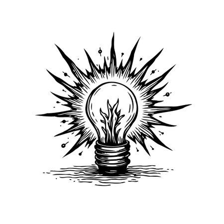 A black and white illustration of a light bulb emitting rays, symbolizing innovation, creativity, and bright ideas. Represents the power of imagination.のイラスト素材