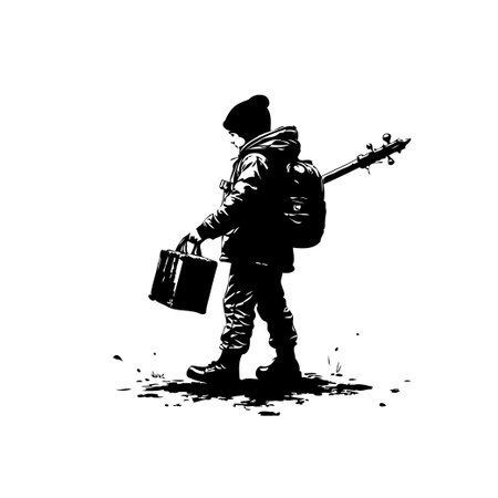 A monochrome illustration depicts a young boy with a backpack, carrying an instrument and a small case. The silhouette creates a sense of travel and exploration.のイラスト素材