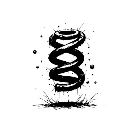 Abstract black and white illustration of a coil spring with a grungy design. This dynamic image captures energy, motion, and industrial strength.のイラスト素材