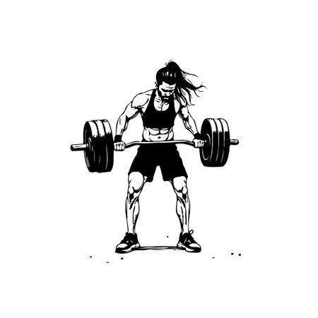 A black and white illustration showcases a muscular man passionately engaged in a barbell lift exercise. His physique highlights strength and his determined expression reflects his dedication to fitness.のイラスト素材