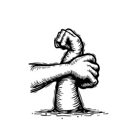 Monochrome vector illustration showing two hands clasped together, rising upwards. This symbolizes unity, strength, and mutual support. The image captures determination and resilience.のイラスト素材
