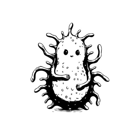 A hand-drawn illustration of a cute germ or virus character with eyes and arms. Perfect for educational or medical content.のイラスト素材