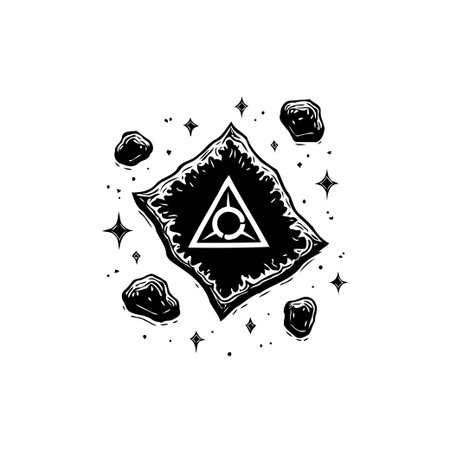 This art features a central triangle emblem surrounded by celestial fragments, creating a mysterious and evocative symbolic representation in black and white.のイラスト素材