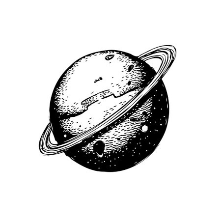 A hand-drawn style illustration of a ringed planet with stippling, in black and white. Perfect for space, science, or vintage themed designs.のイラスト素材