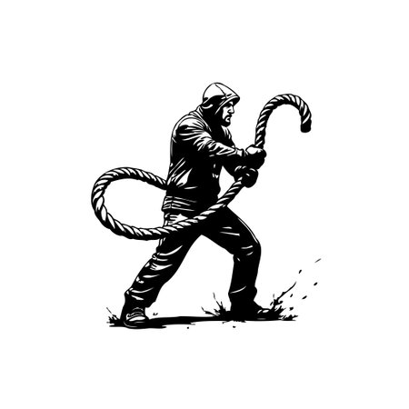 This black and white illustration shows a strong man exercising with battle ropes, embodying fitness and determination.のイラスト素材