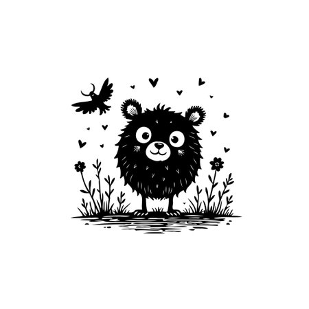 A delightful black and white illustration of a cute, fluffy monster with a bird, hearts, and flowers. Perfect for children's books or whimsical designs, its simple and charming style is sure to bring joy.のイラスト素材