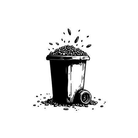A monochrome illustration shows a bin overflowing with coffee beans. Some beans are scattered around, creating a visual of abundance and potential waste.のイラスト素材