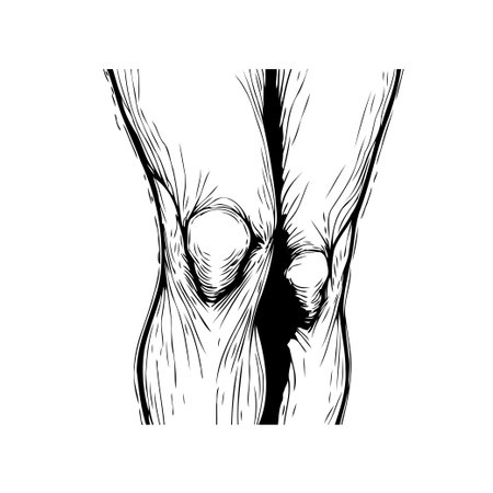 A minimalist black and white illustration depicting the human knee joint, emphasizing anatomical structure and design complexities for medical purposes.のイラスト素材